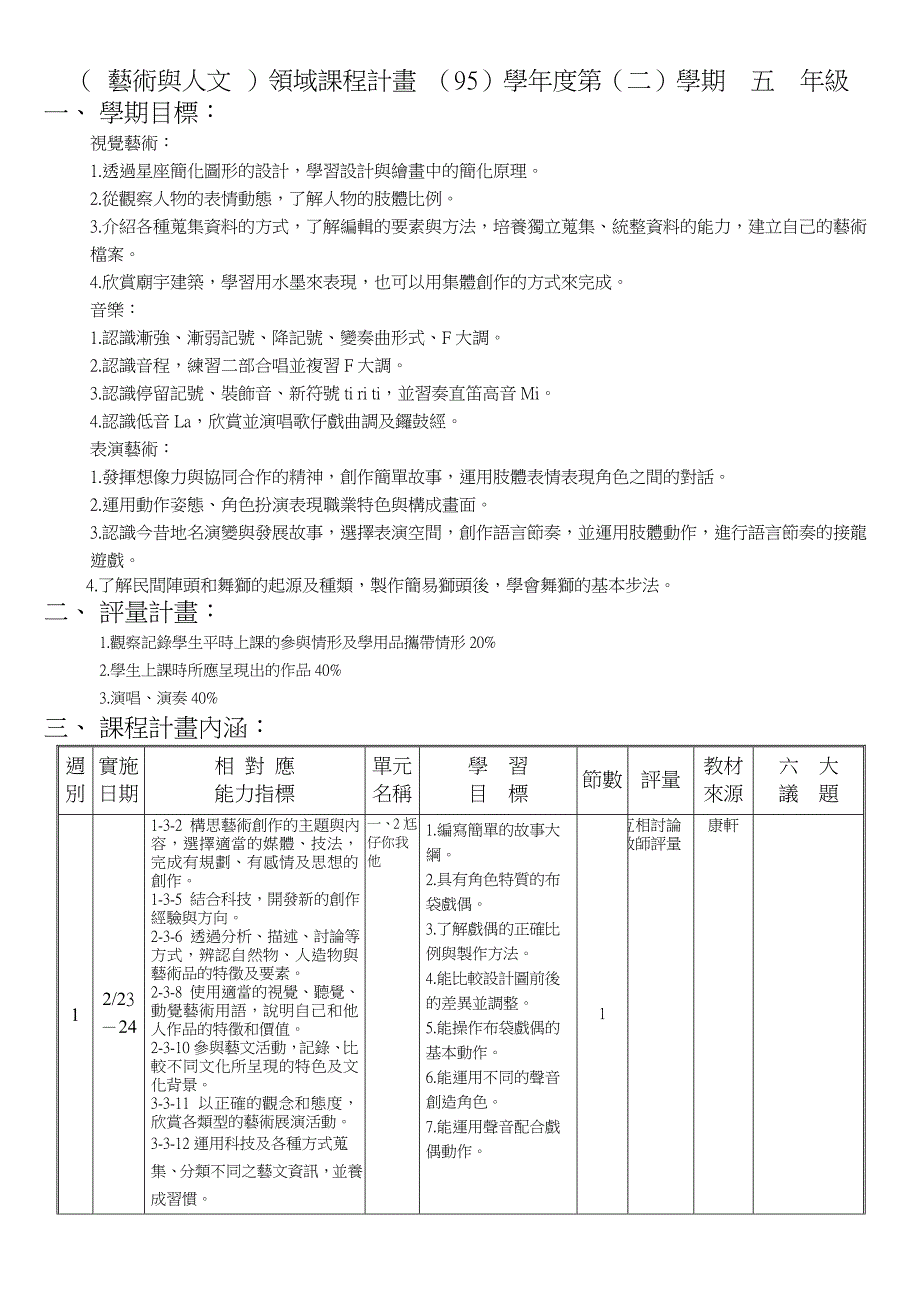 （国语）学习领域课程计画（九十一）学年度第（一）学期二年级_第1页