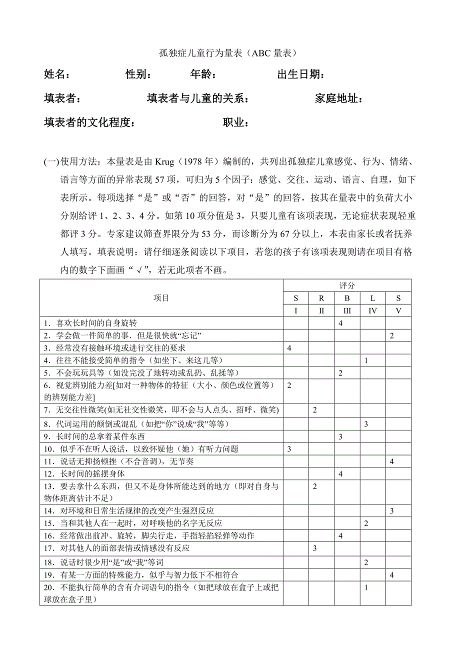 表六孤独症儿童行为量表(abc量表)_第1页