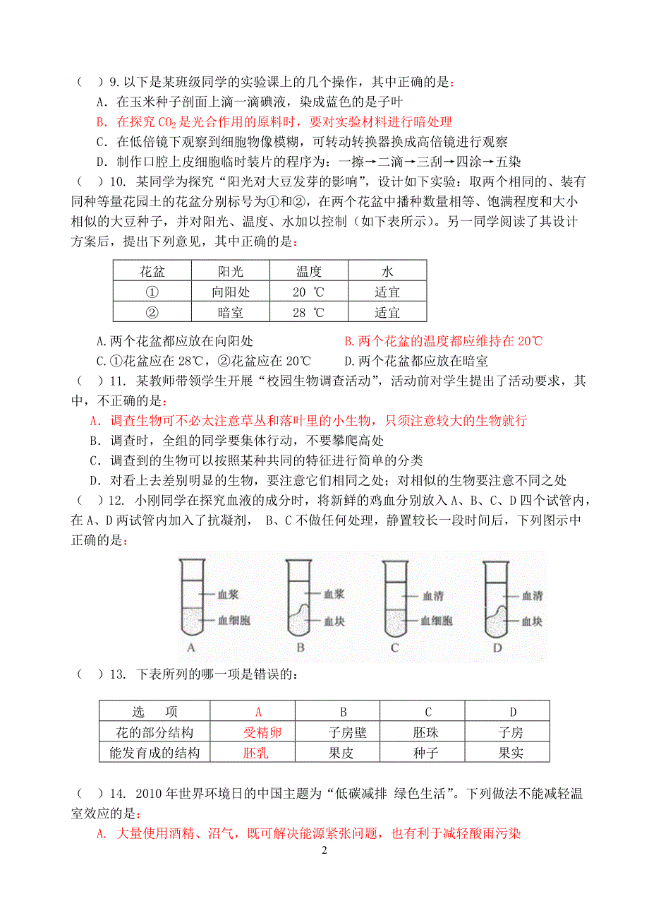 亭湖区初中生物教师实验操作技能竞赛笔试试题1_第2页