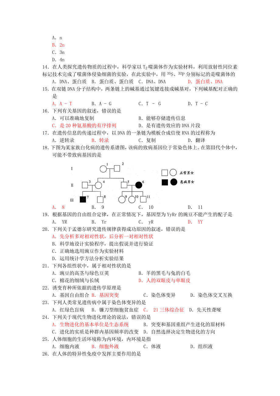 2007-2012年江苏省普通高中学业水平测试(必修科目)试卷生物(含答案)_第2页