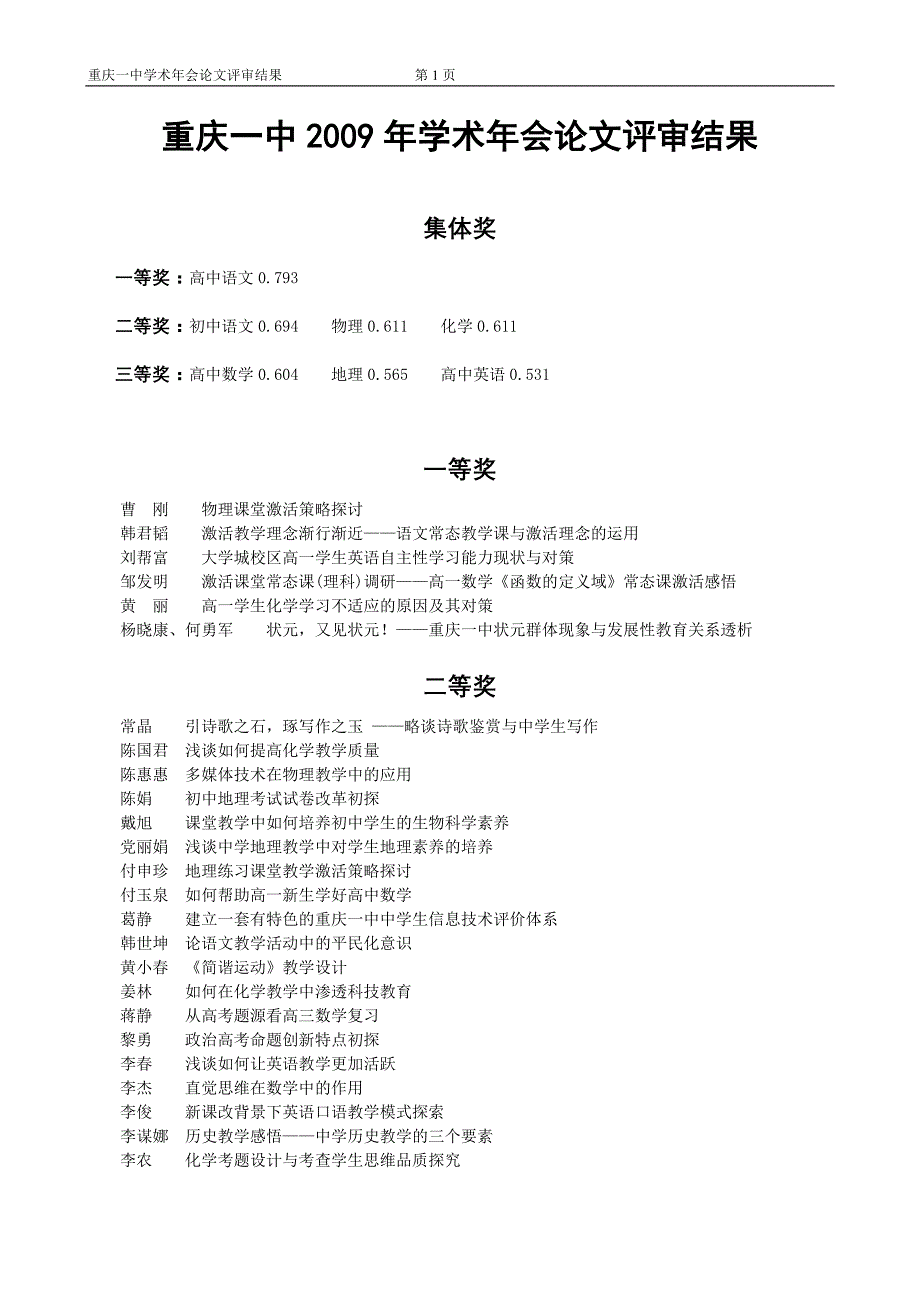 2009年学术年会论文评审结果_第1页