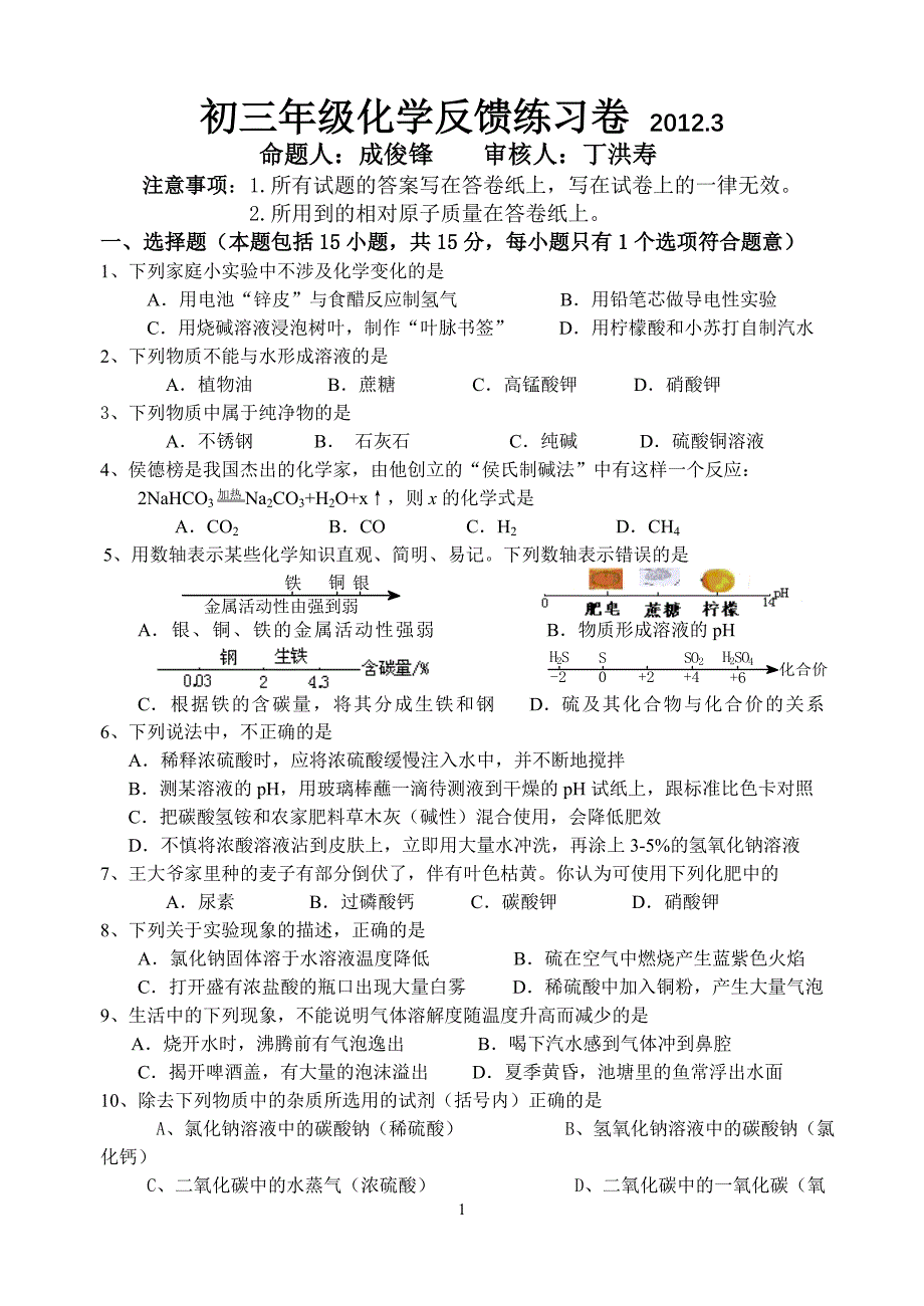 省锡中匡村实验学校初三化学3月月考卷(2012)_第1页