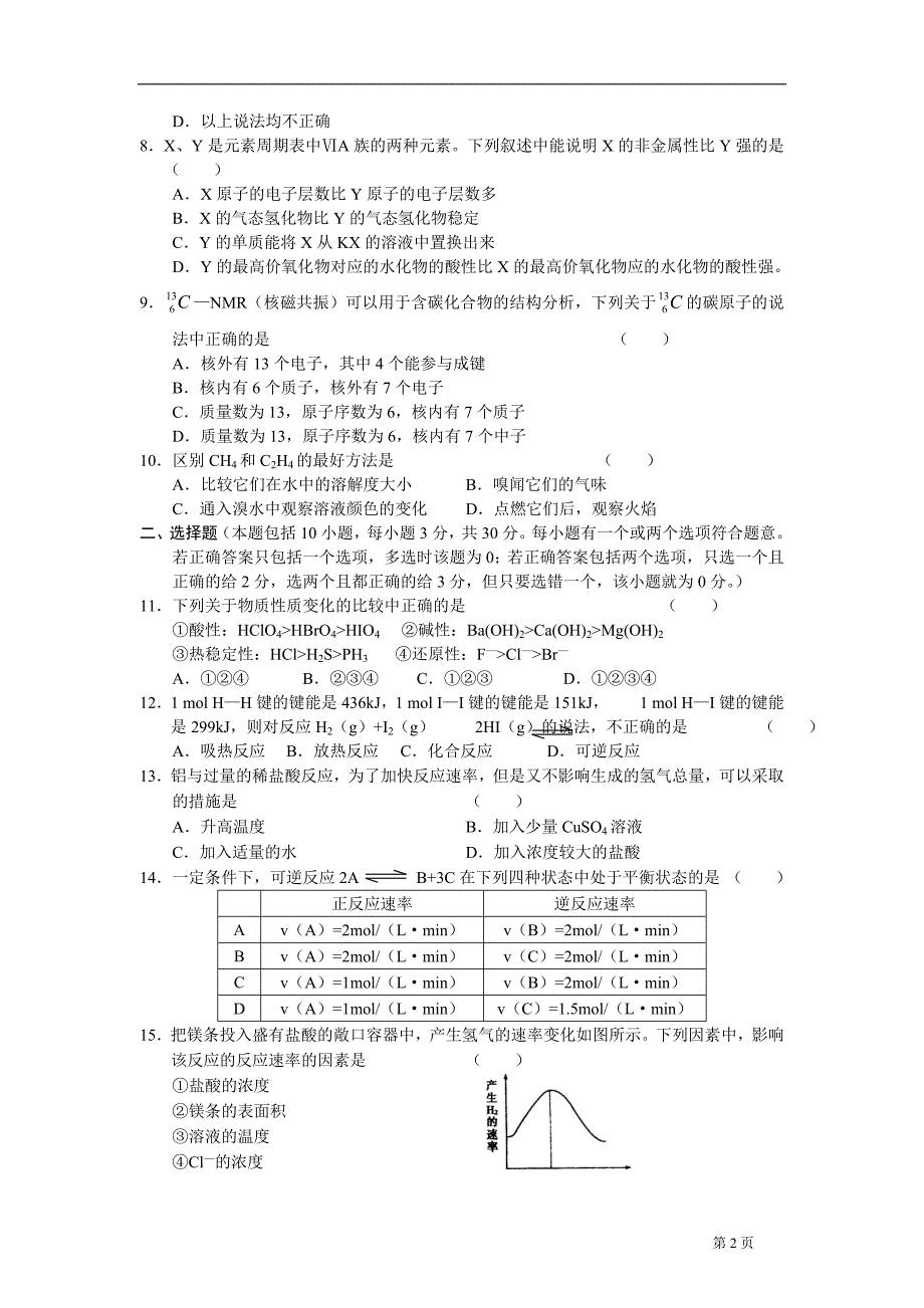 高一第二学期期末化学试题——_第2页