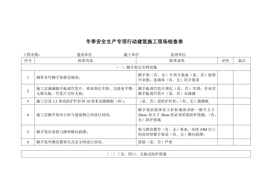 冬季安全生产专项行动建筑施工现场检查表_第1页