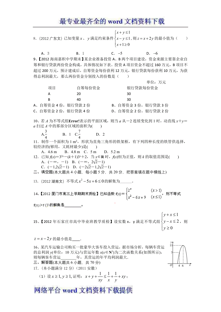 2013年高考数学文一轮复习单元测试配最新高考+模拟第七章不等式_第2页