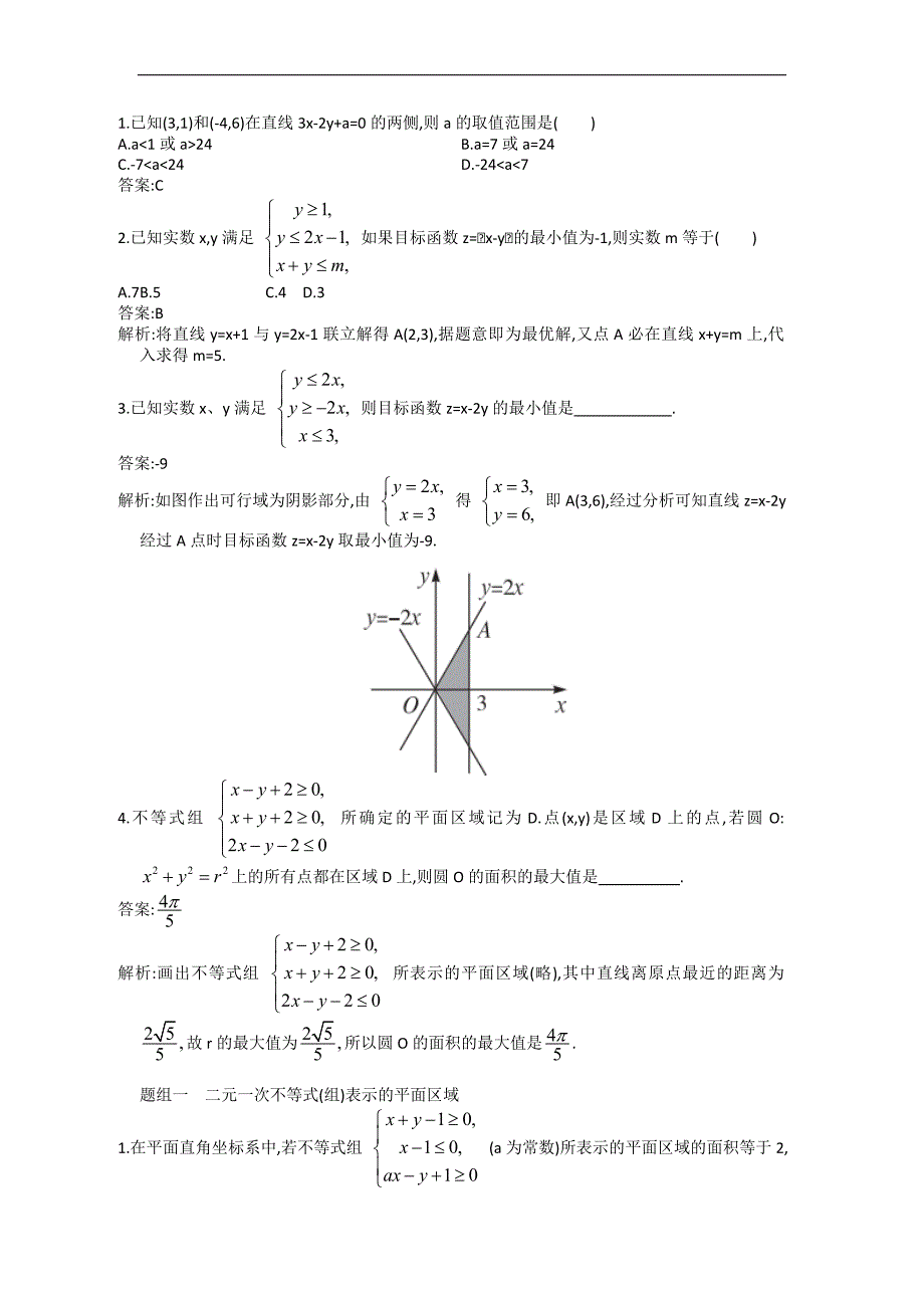 2013高考人教a版文科数学一轮强化训练6.3二元一次不等式组与简单的线性规划问题_第1页