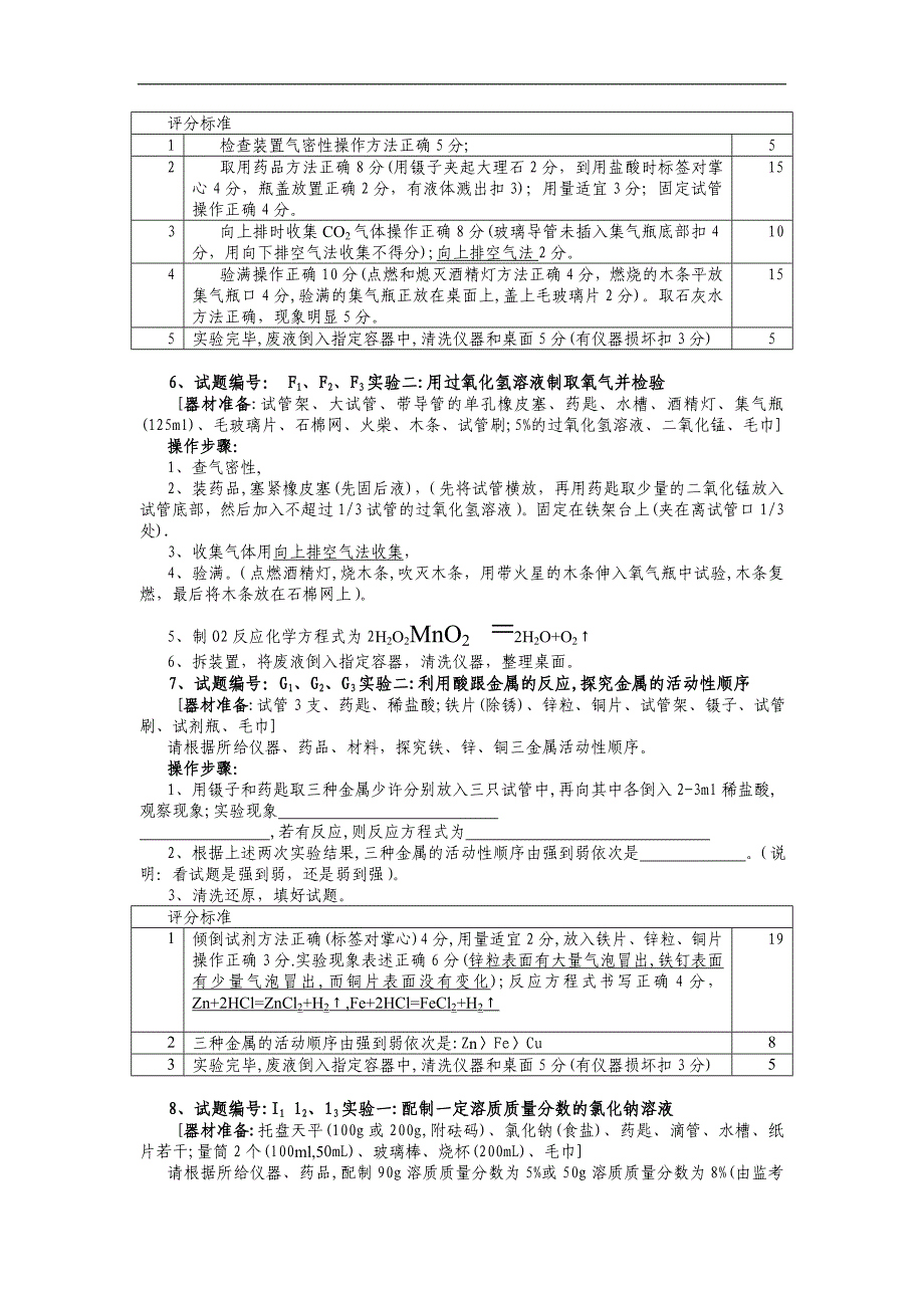 2010年黄冈市初中毕业生升学化学实验操作考试试题(器材准备清单、实验步骤、评分标准)_第3页