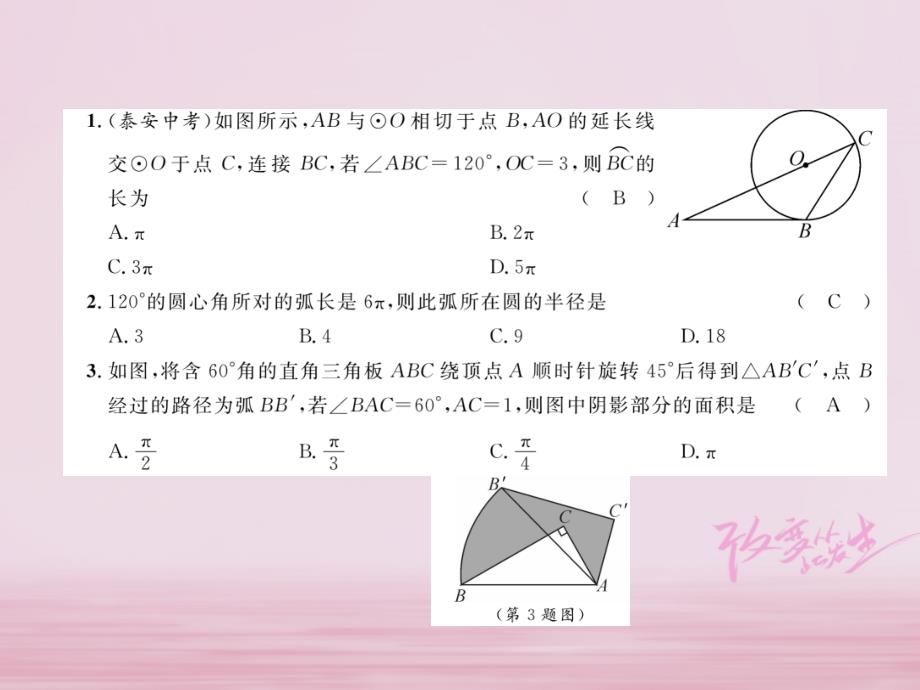 2018年秋九年级数学上册24.4弧长和扇形面积第1课时弧长和扇形面积练习课件（新版）新人教版_第2页