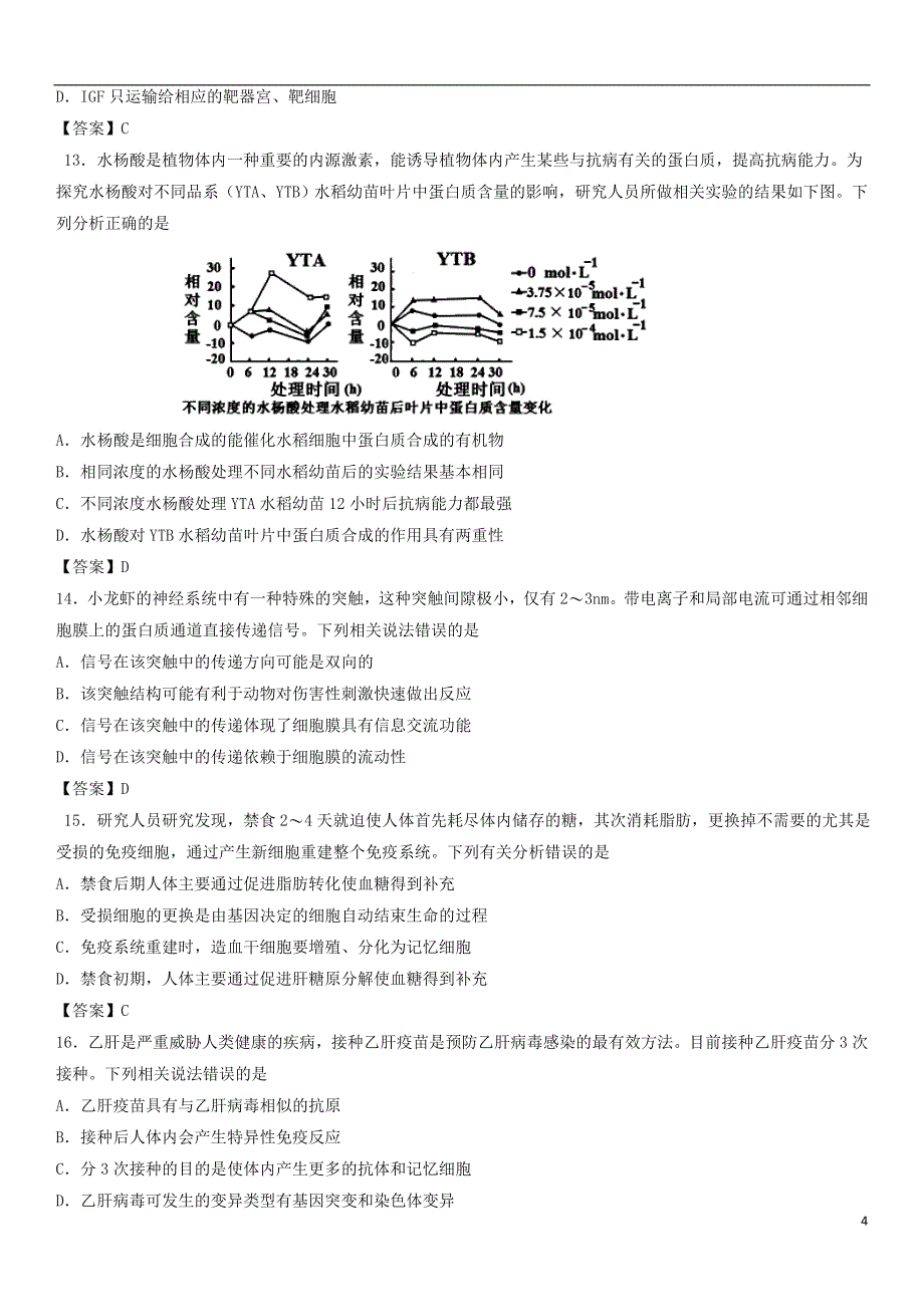 2018年高考生物三轮冲刺考前专题强化卷动植物生命活动调节_第4页