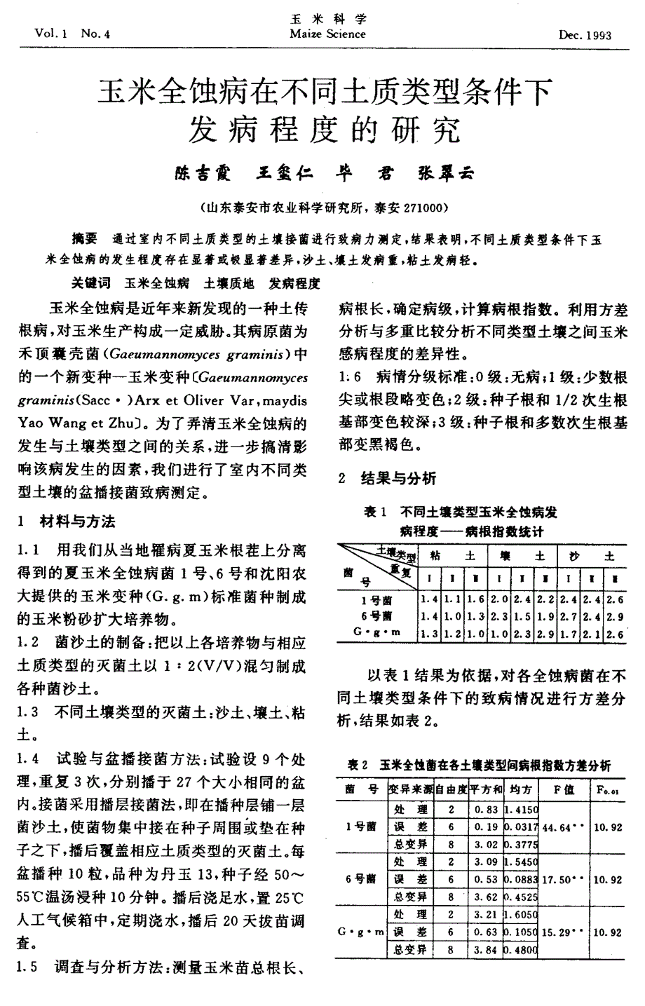 玉米全蚀病在不同土质类型条件下发病程度的研究_第1页