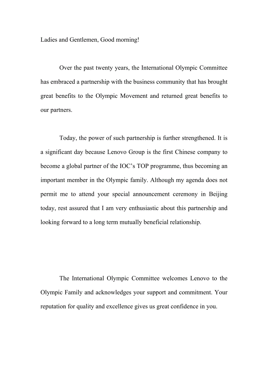 [英语演讲]罗格在联想签约仪式上的电视讲话_第1页