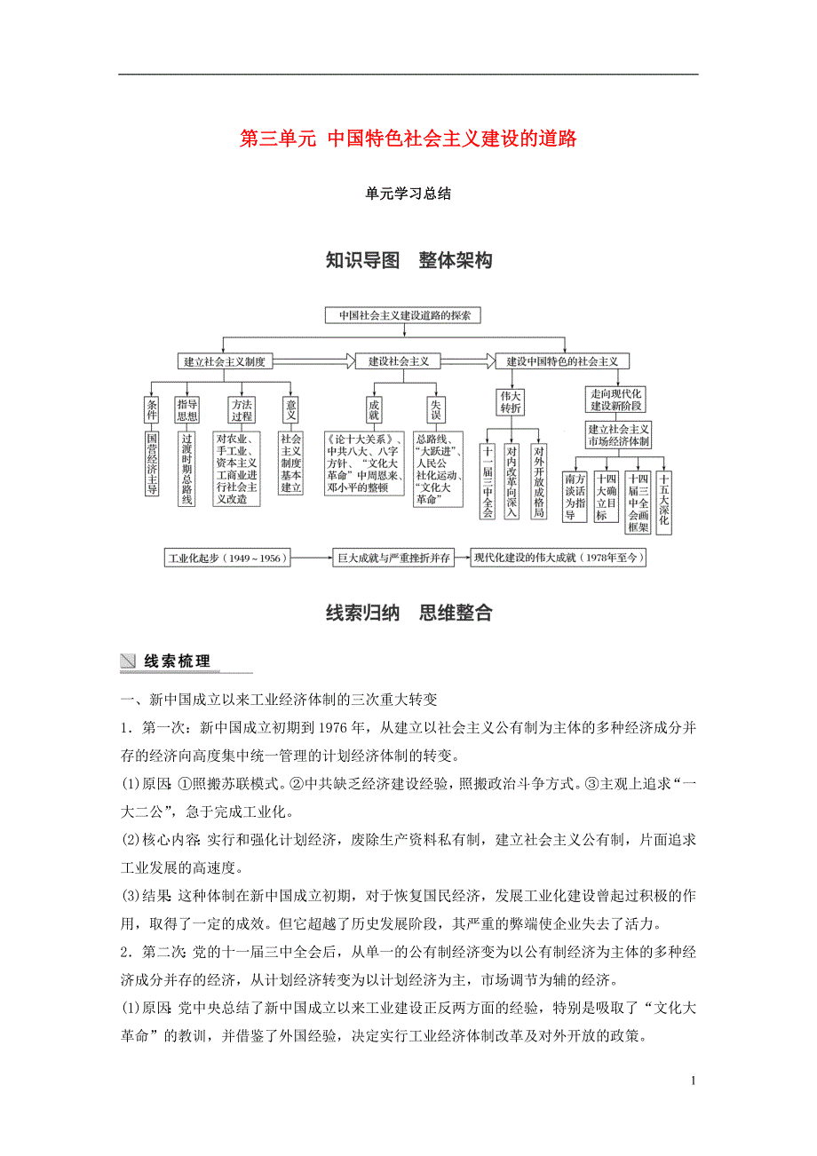 2017-2018学年高中历史第三单元中国特色社会主义建设的道路单元总结学案北师大版必修2_第1页