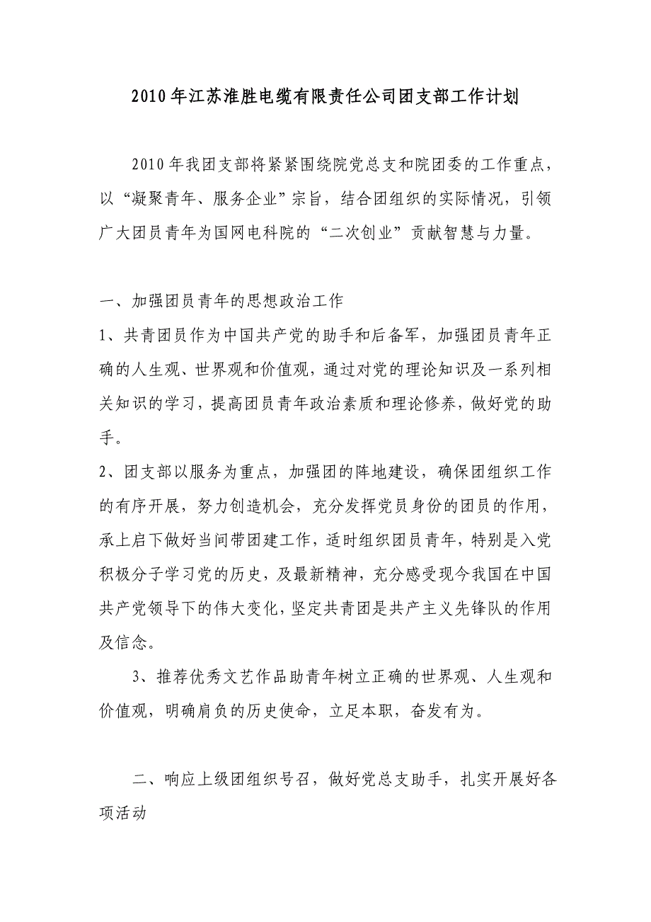 2010年江苏淮胜电缆有限责任公司团支部工作计划_第1页