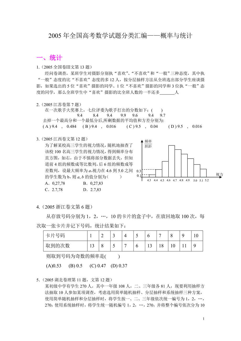 2005年全国高考数学试题分类汇编——概率与统计_第1页