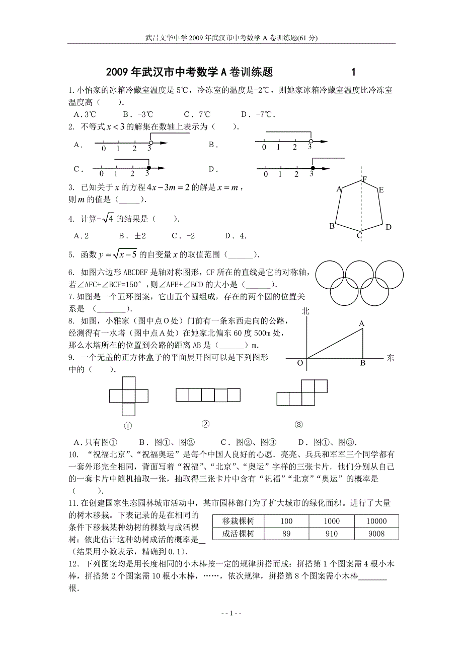 2009武汉中考数学a卷训练题_第1页