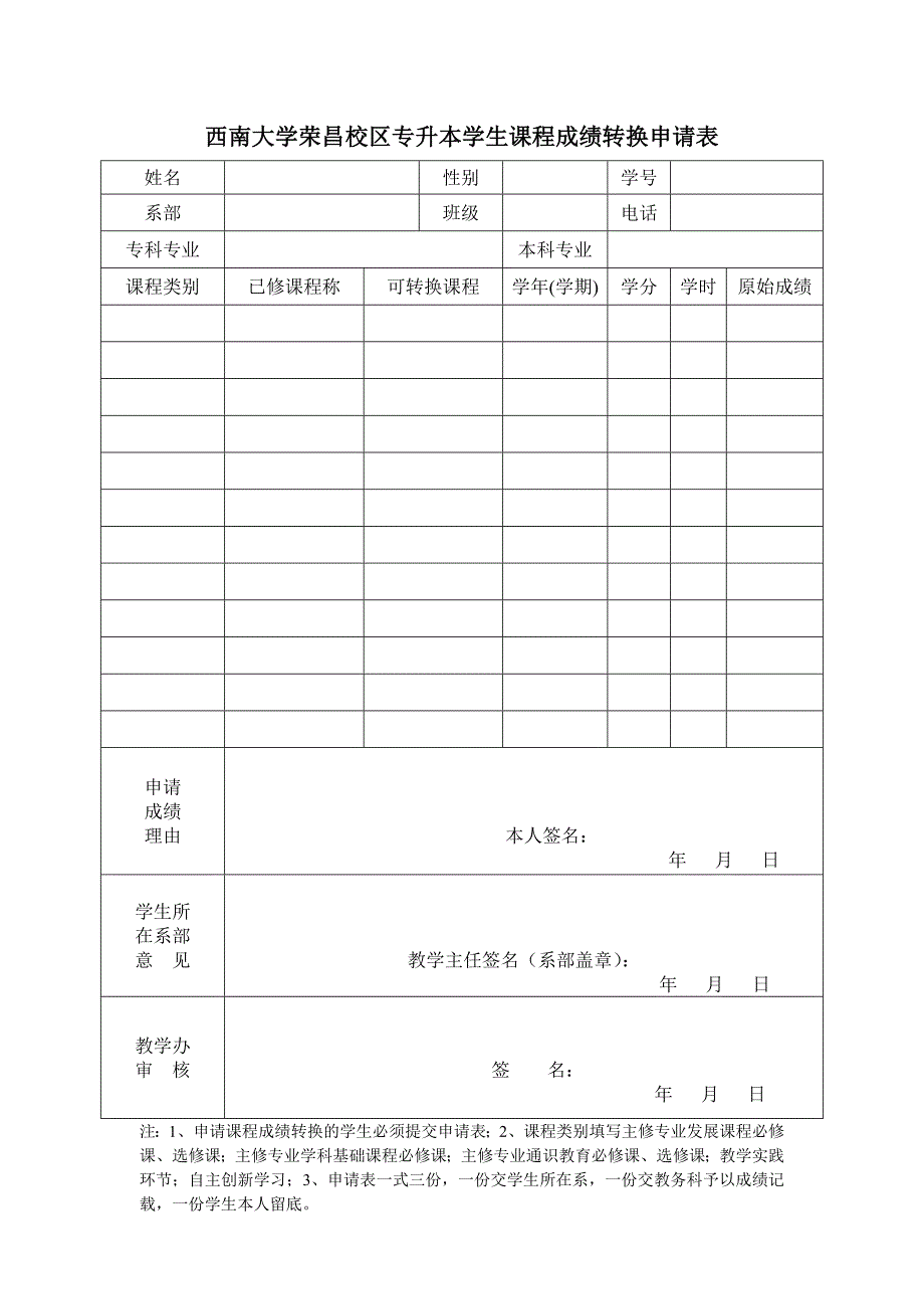 西南大学荣昌校区专升本学生课程成绩转换申请表_第1页