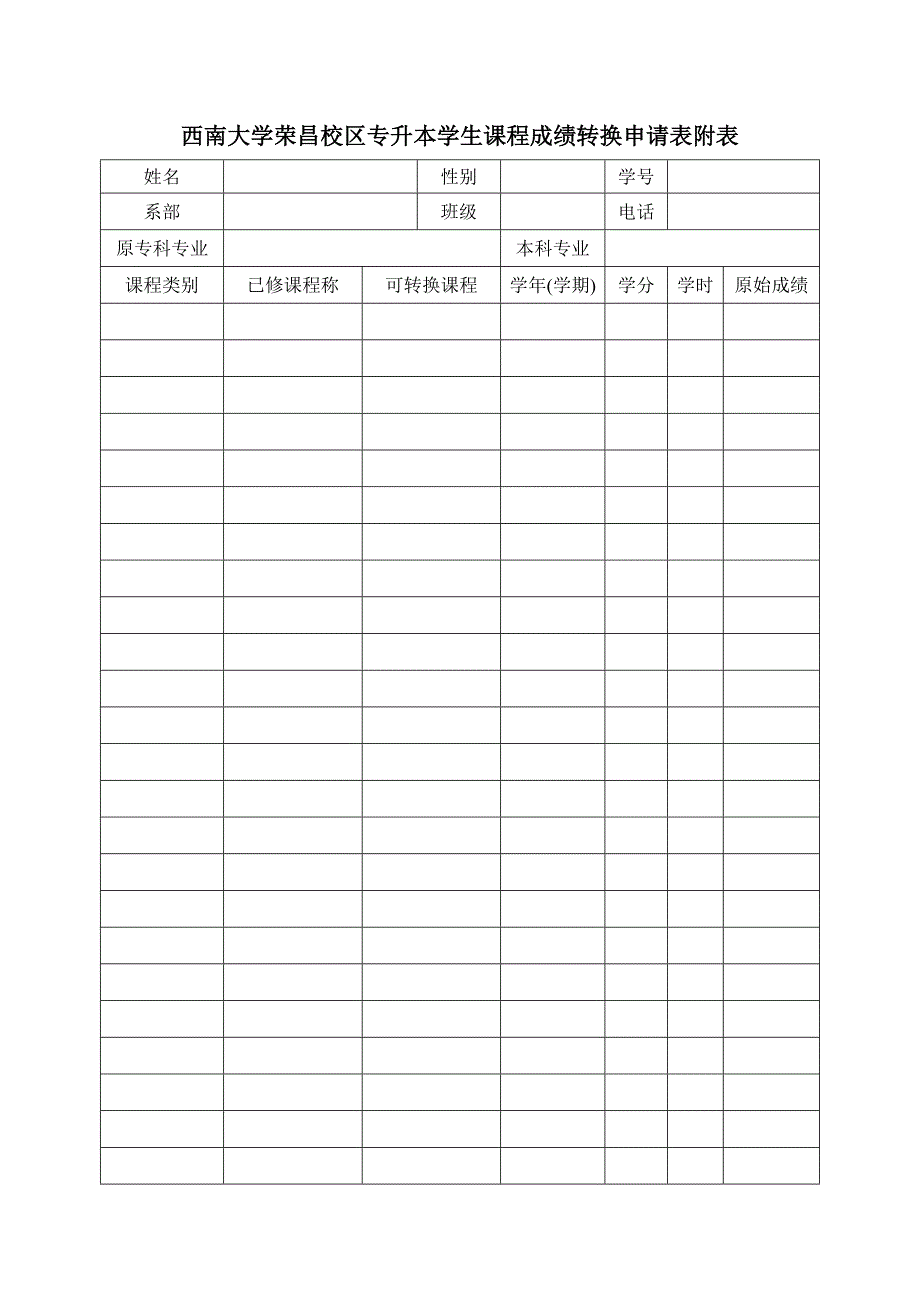 西南大学荣昌校区专升本学生课程成绩转换申请表_第2页