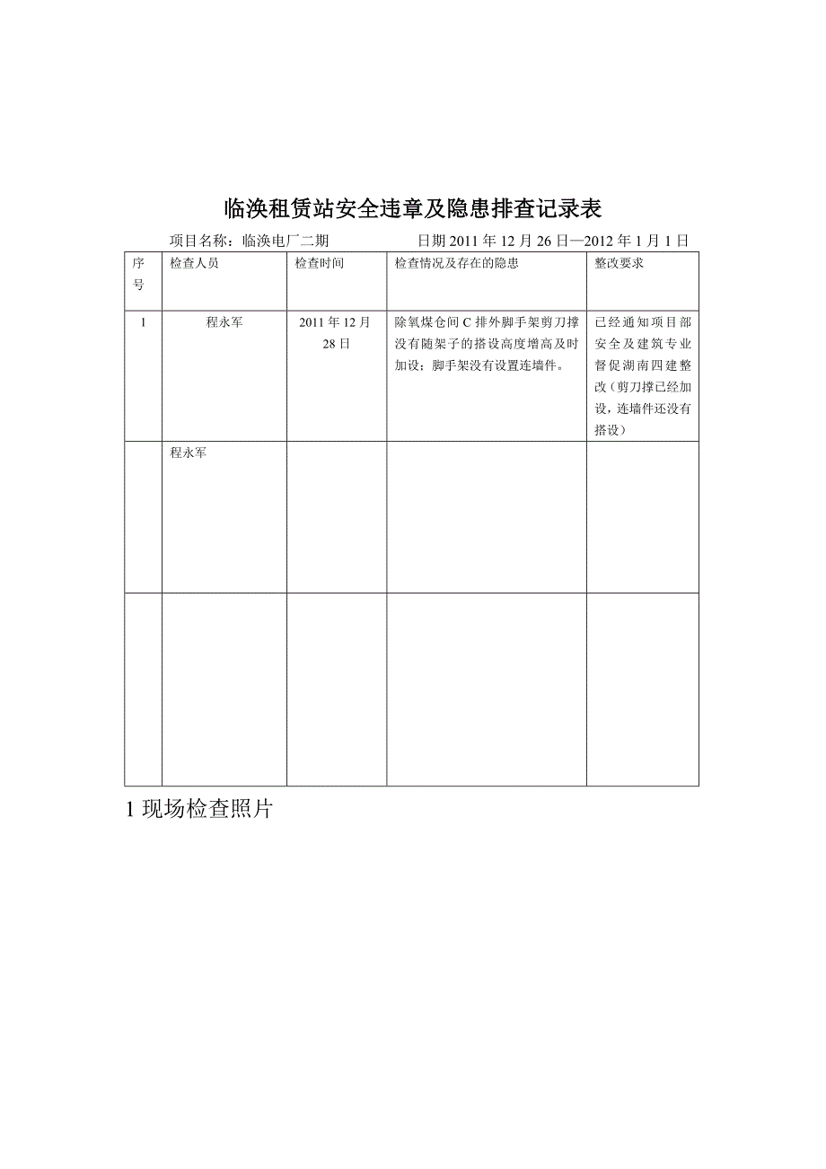 临涣租赁站安全违章及隐患排查记录表5_第1页