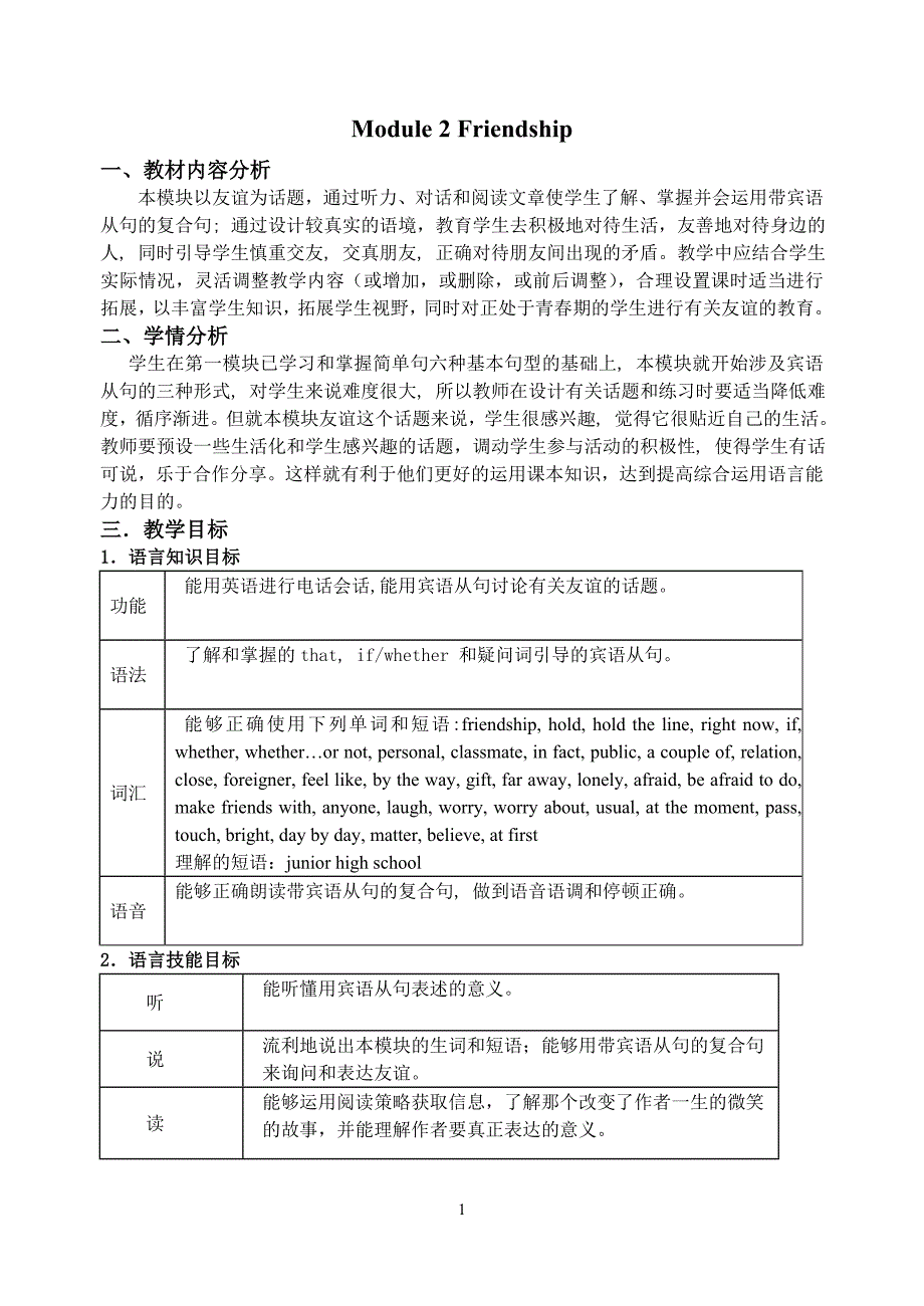 外研版初中英语八年级下册教案：Module2Friendship_第1页