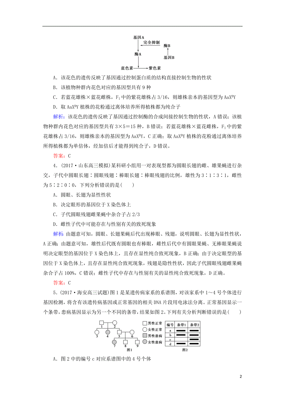 2018高考生物大二轮复习第01部分专题04生命系统的遗传、变异、进化整合考点08“有规可循”的遗传规律与伴性遗传练习_第2页