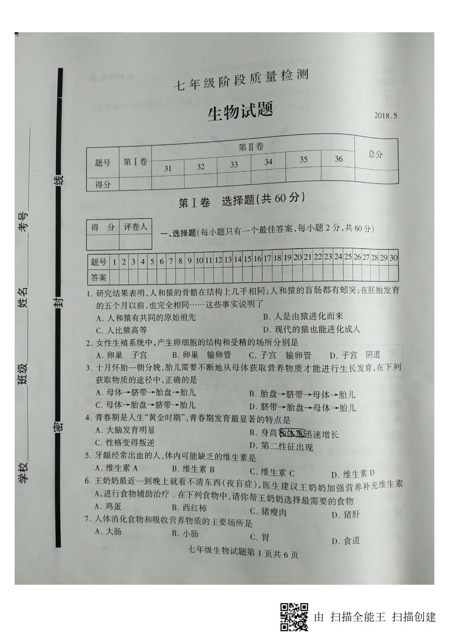 山东省临沂市费县2017-2018学年七年级生物下学期期中试题新人教版_第1页