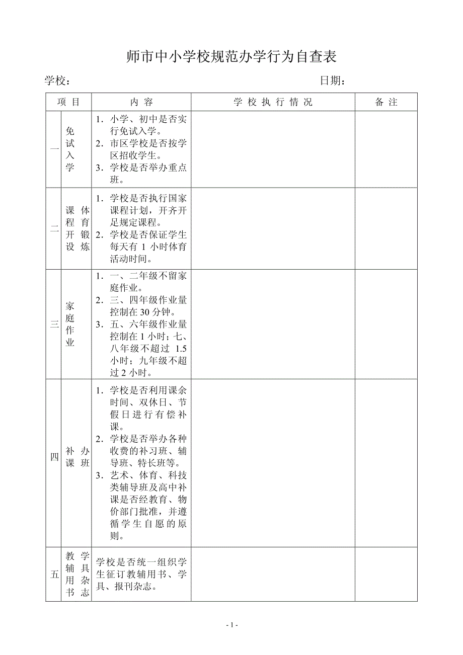 师市中小学校规范办学行为自查表_第1页