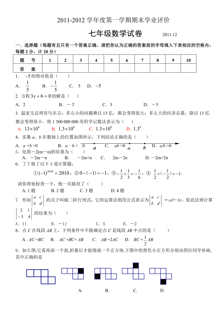 2011-2012七年级数学上册期末试题_第1页