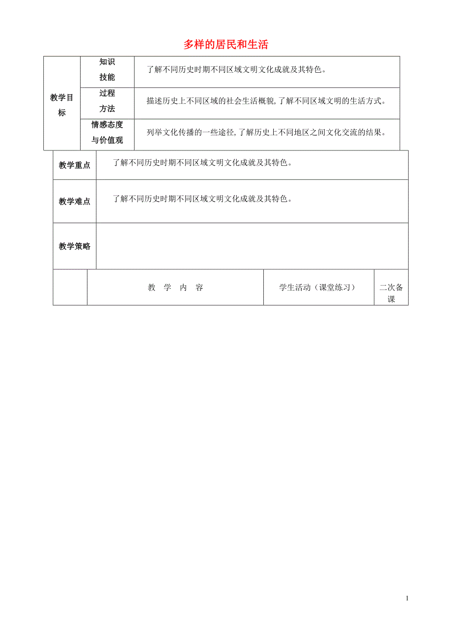 2015春六年级品社下册《多样的居民和生活》教案山东版_第1页