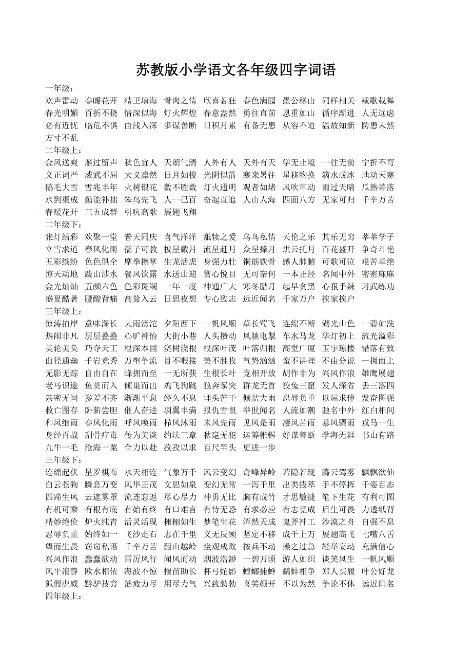 苏教版小学语文各年级四字词语_第1页
