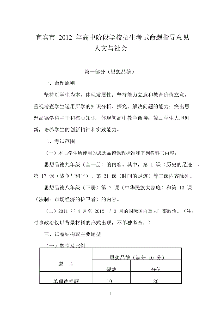 2012年宜宾市高中阶段招生考试命题指导意见_第1页