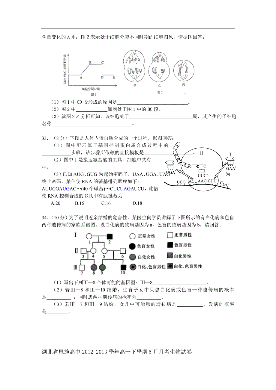 湖北省恩施高中2012-2013学年高一下学期5月月考生物试题含答案_第4页