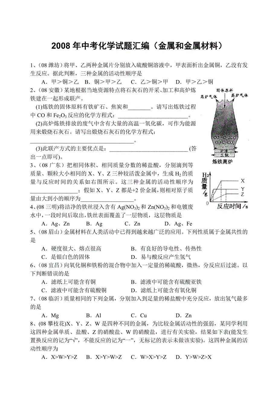 2008中考试题汇编-金属和金属材料_第1页