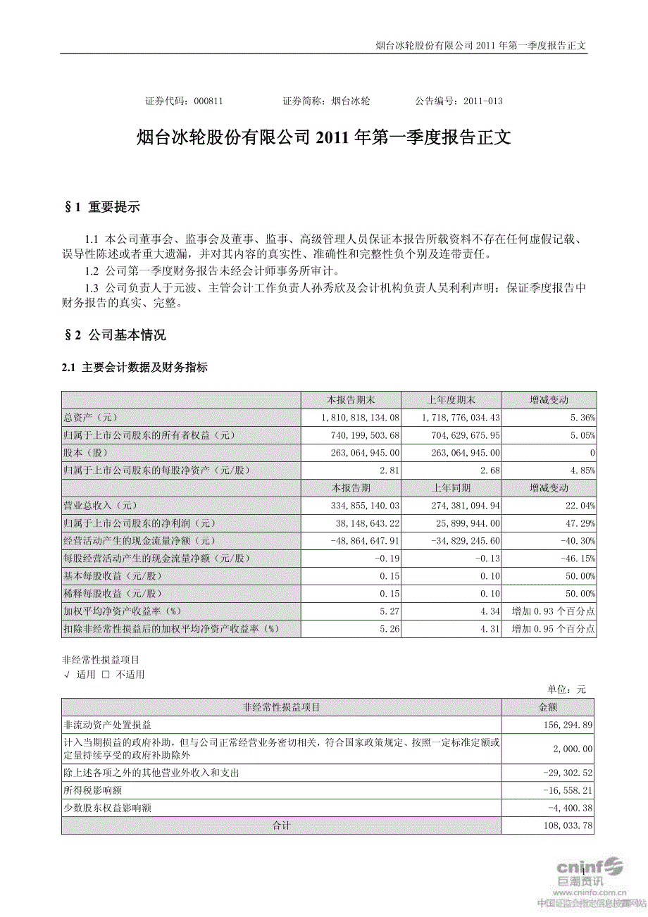 烟台冰轮2011年季报_第1页