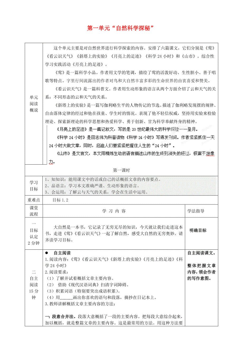 山东省淄博市临淄区第八中学六年级语文上册第四单元“自然科学探秘”整体学习课导学案（无答案）鲁教版五四制_第1页