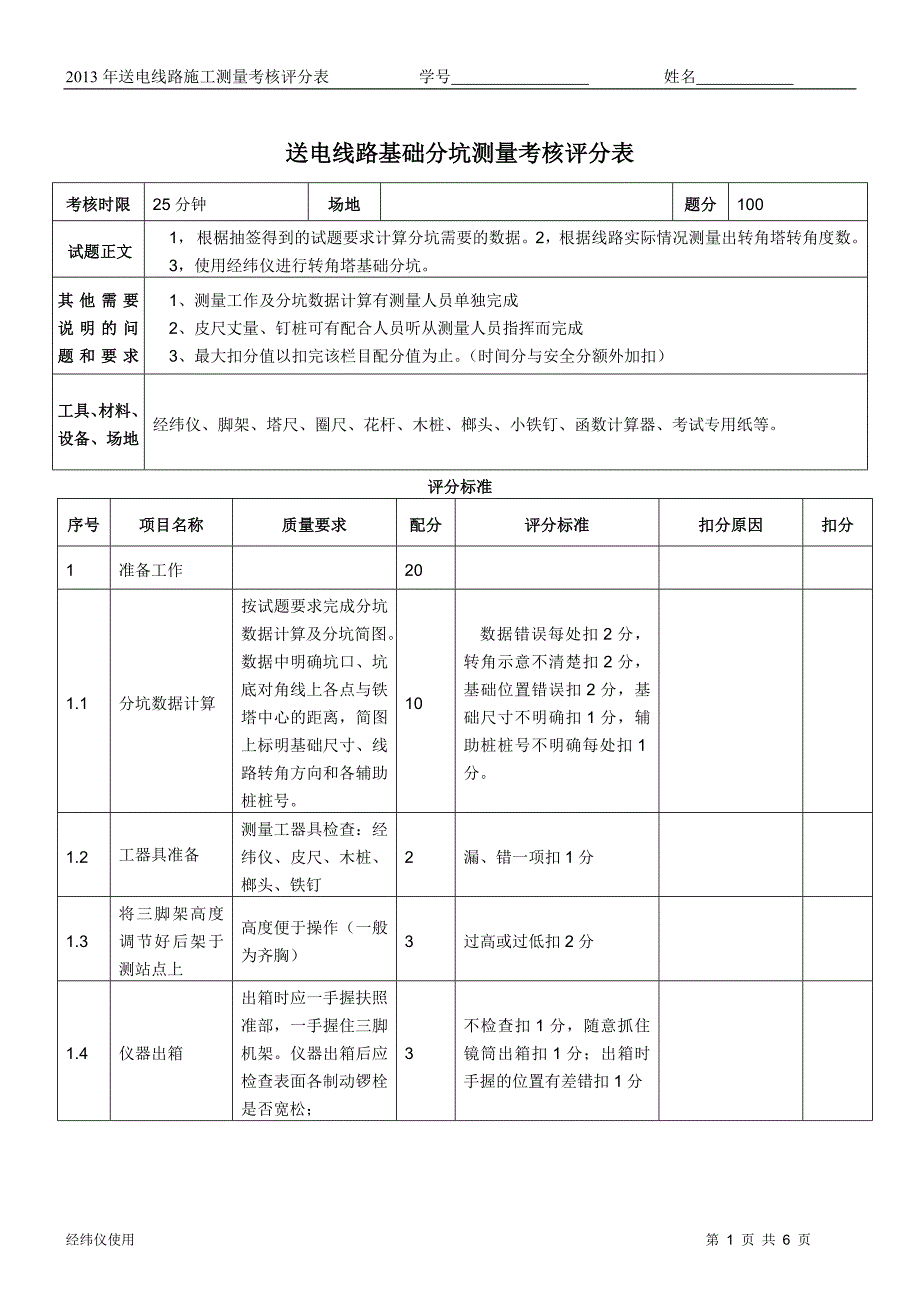 考核评分标准(无位移转角塔分坑测量)_第1页