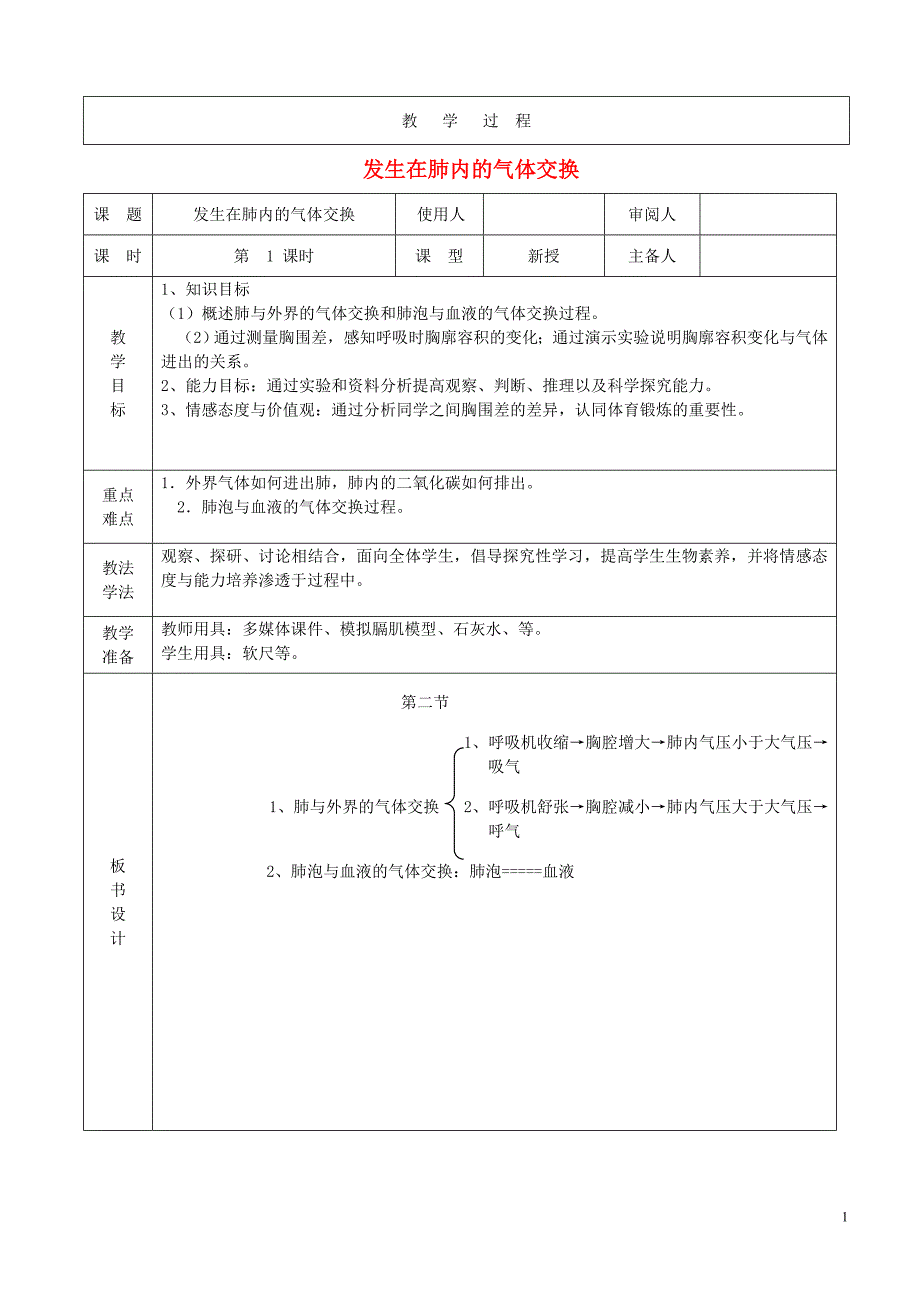 七年级生物下册4.3.2发生在肺内的气体交换教案1（新版）新人教版_第1页