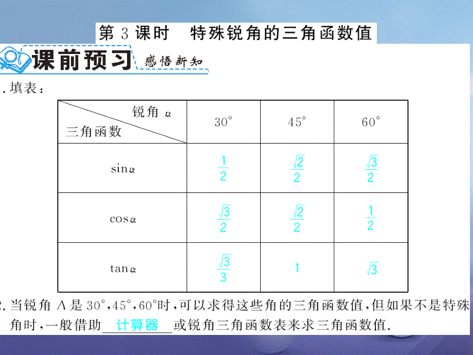 广西北部湾九年级数学下册28.1第3课时锐角三角函数习题课件（新版）新人教版_第1页