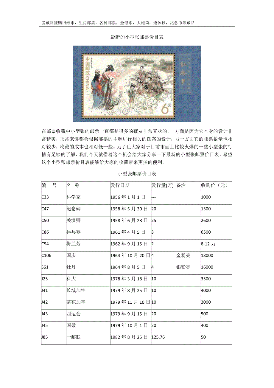 最新的小型张邮票价目表_第1页