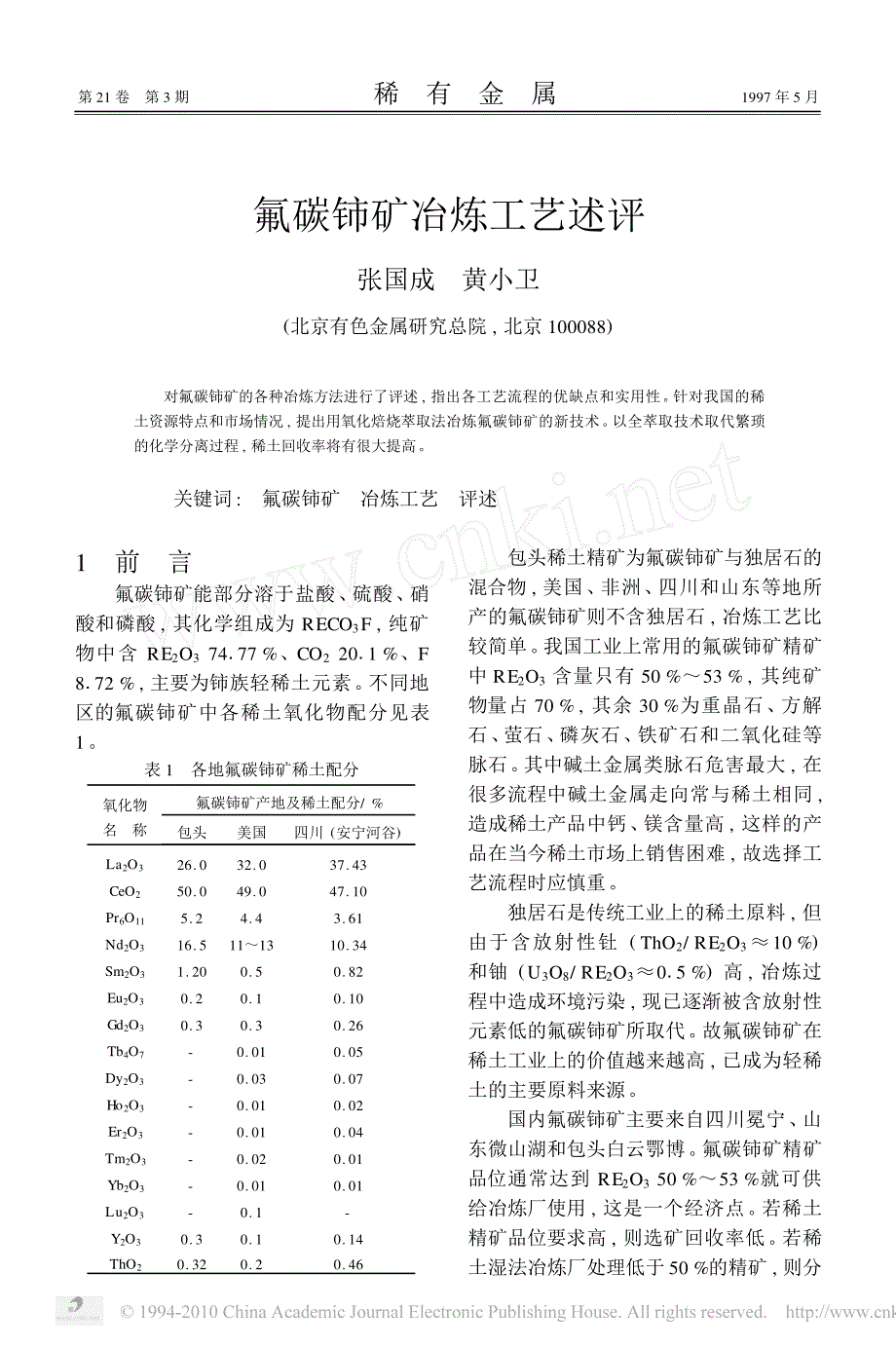 氟碳铈矿冶炼工艺述评_第1页