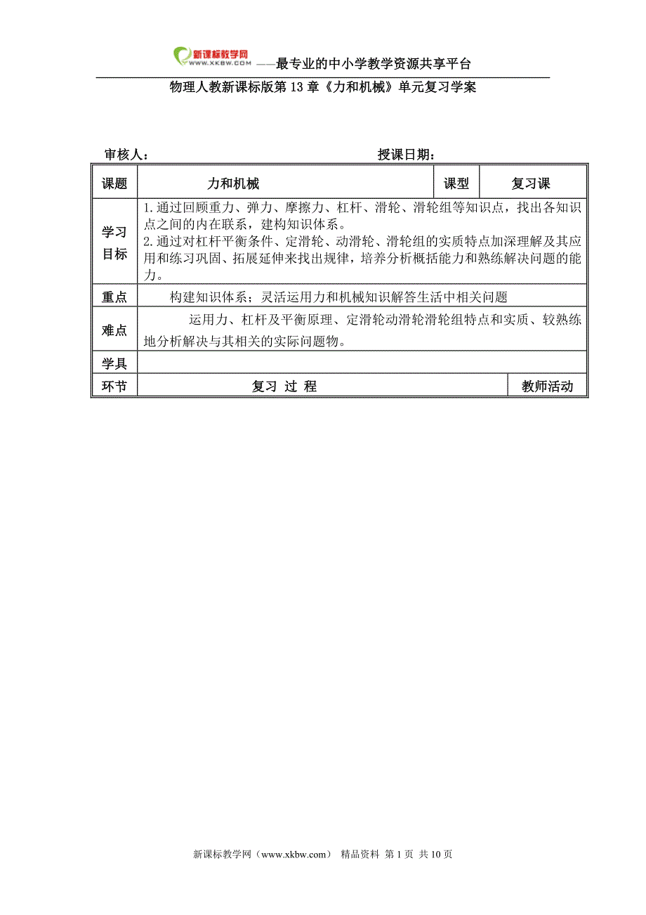 物理人教新课标版第13章《力和机械》单元复习学案_第1页