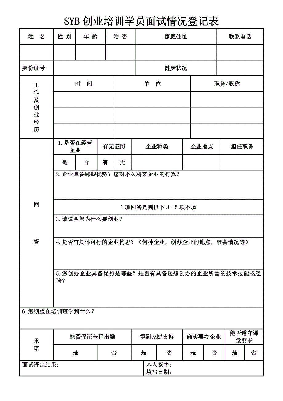 SYB创业培训学员面试情况登记表_第1页