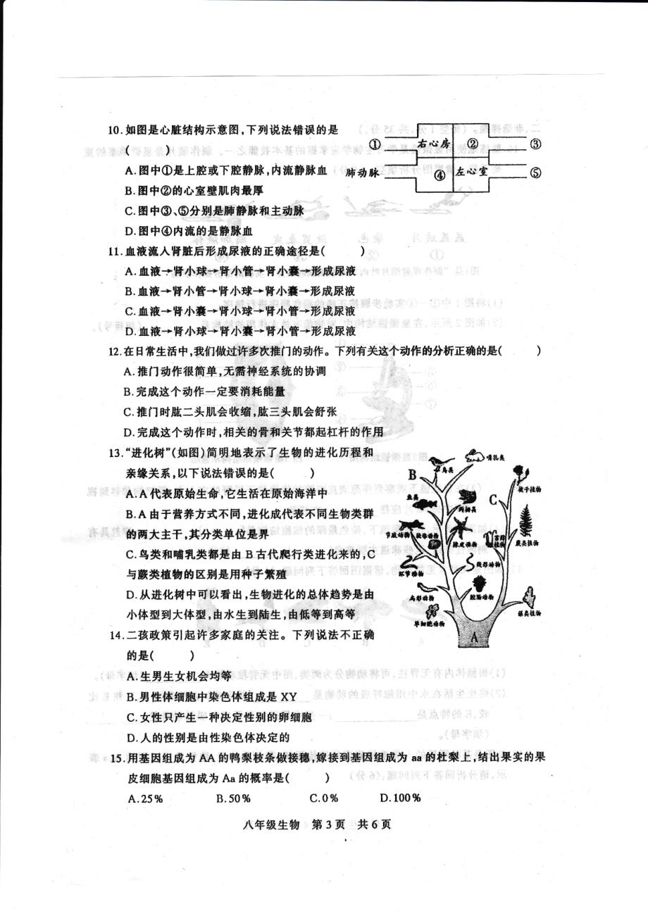 河南省驻马店市泌阳县2017-2018学年八年级生物下学期期中素质测试试题新人教版_第3页