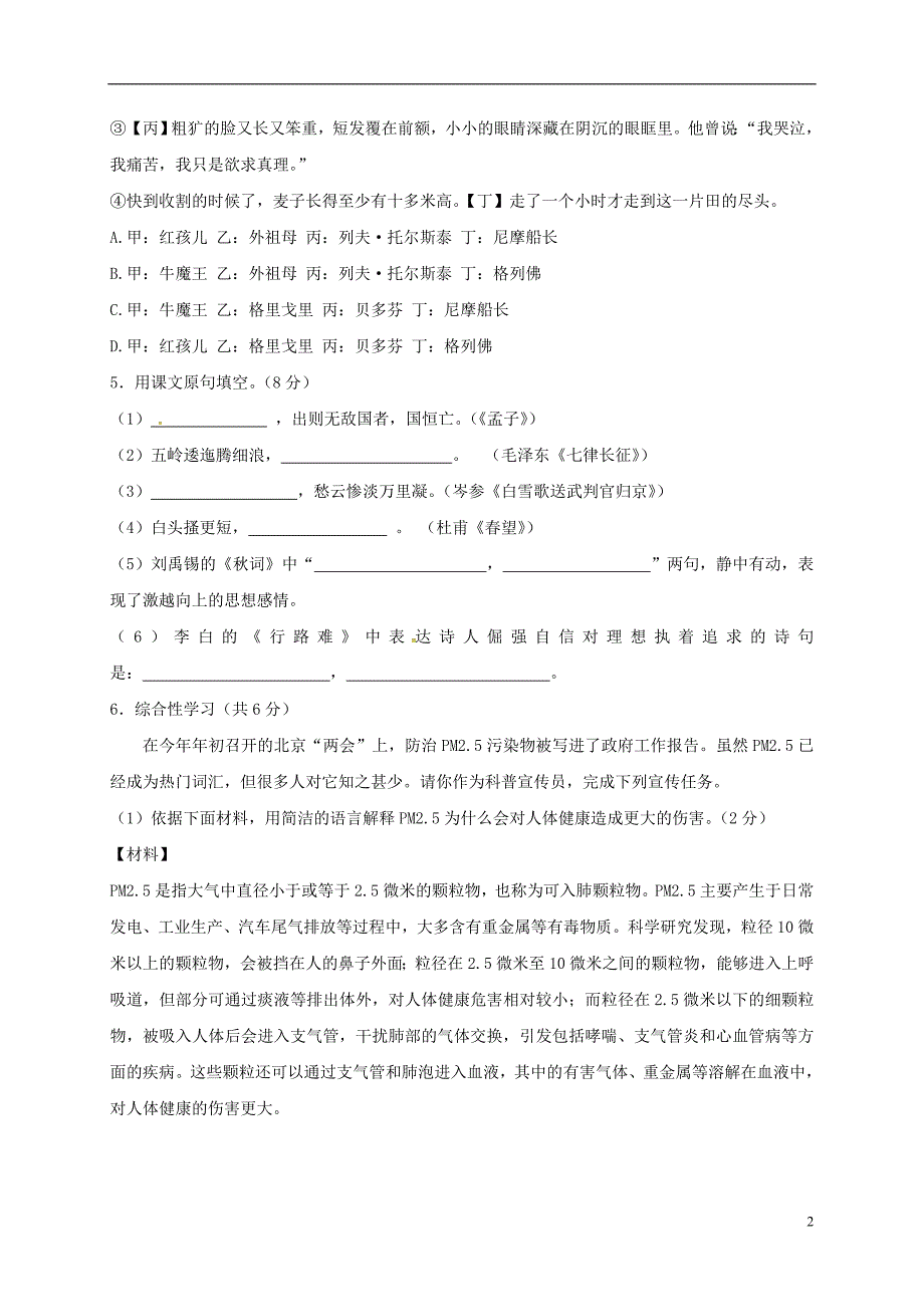 黑龙江省大庆市杜尔伯特县2018届九年级语文下学期期中试题_第2页