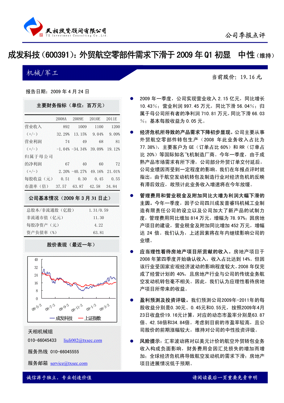 成发科技外贸航空零部件需求下滑于2009年一季度初显_第1页