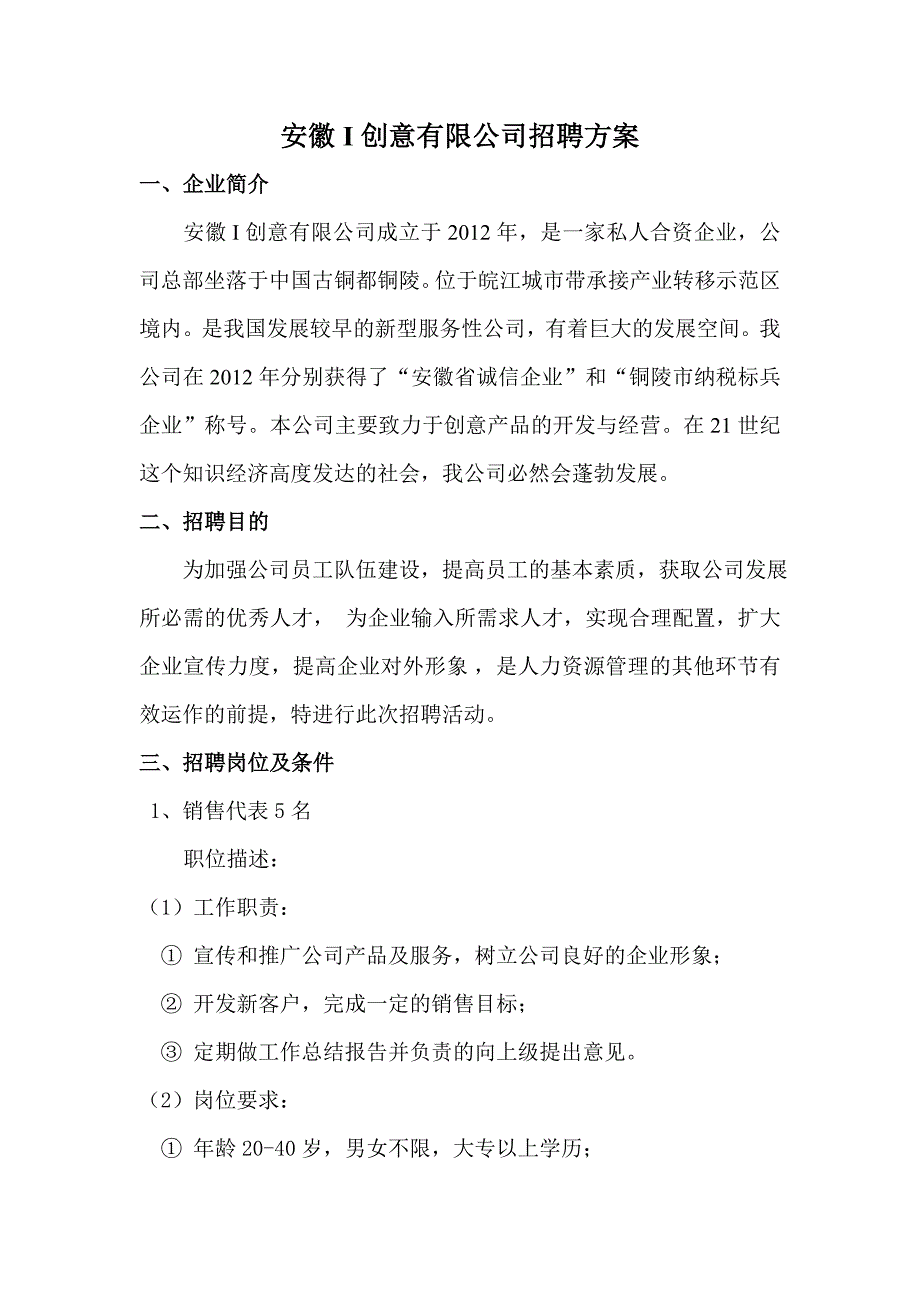 安徽i创意有限公司招聘方案_第1页