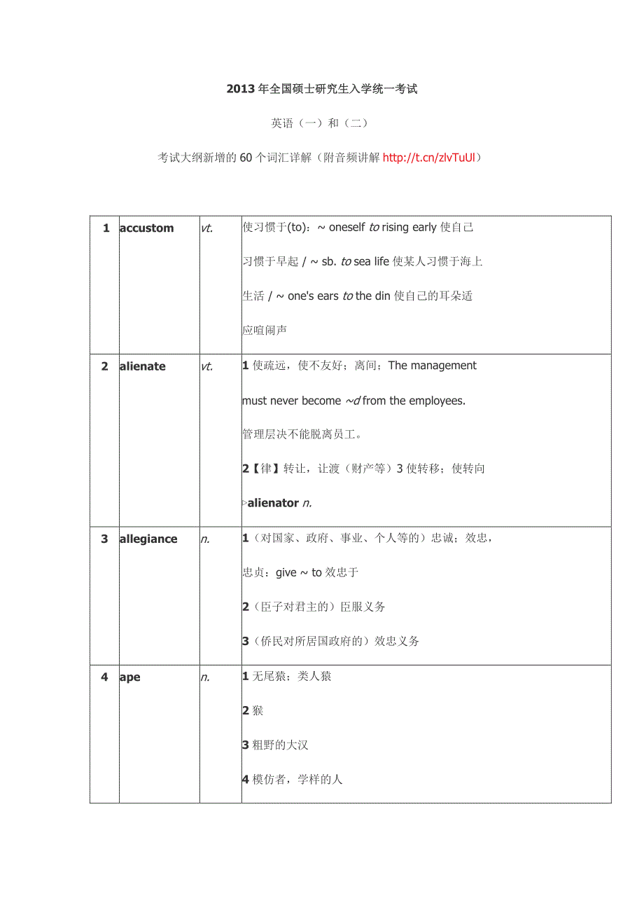 2013年全国硕士研究生入学统一考试大纲新增的60个词汇详解_第1页