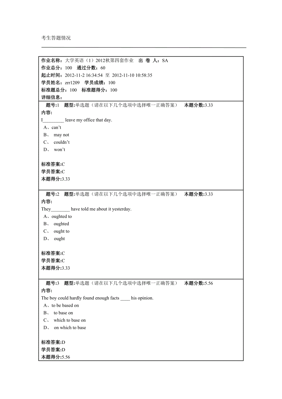 作业名称：大学英语(1)2012秋第四套作业_第1页