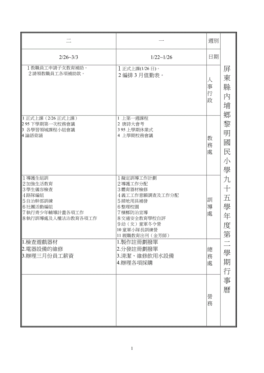 屏东县内埔乡黎明国民小学九十五学年度第二学期行事历_第1页