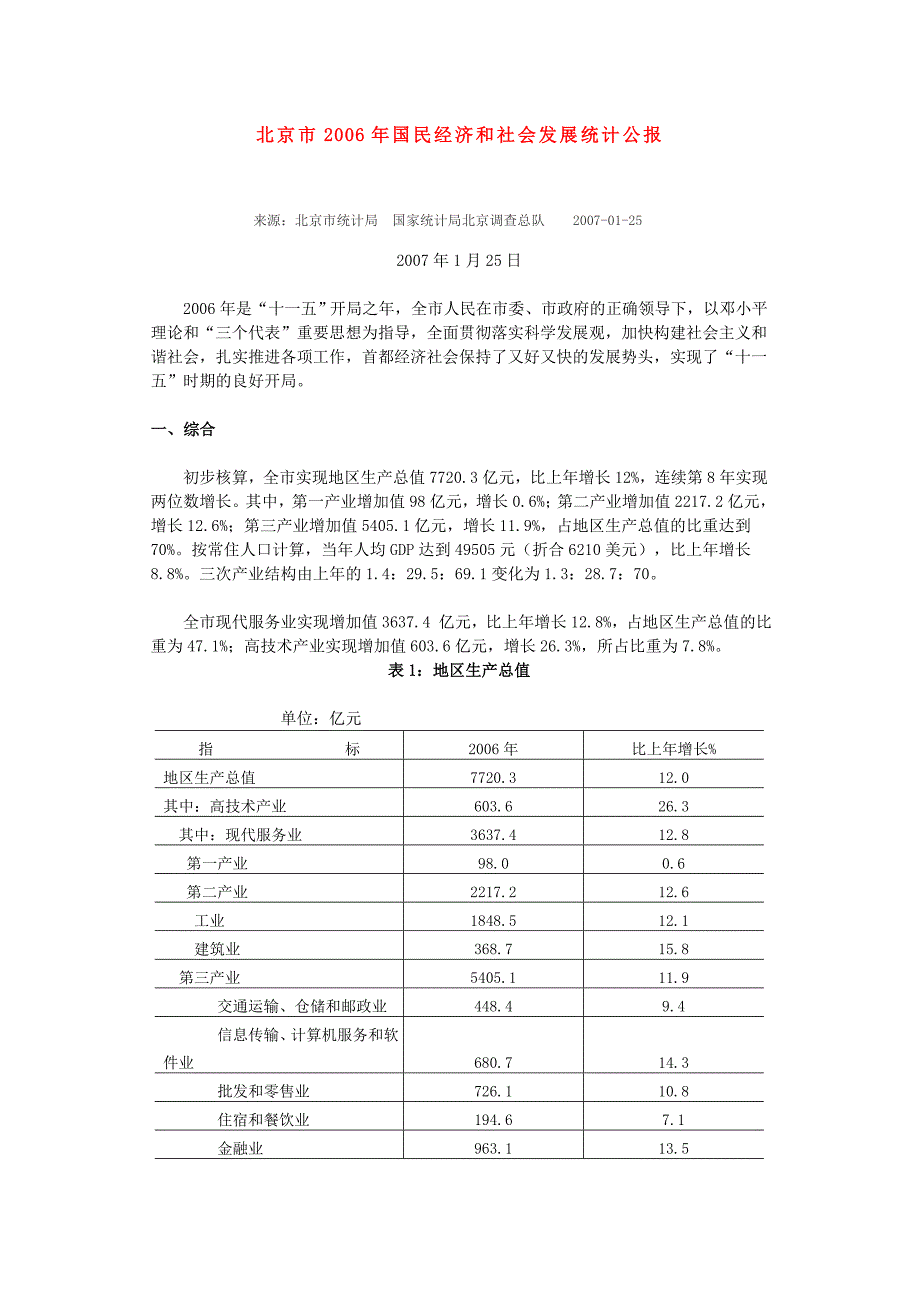北京市统计局2006年国民经济和社会发展统计公报_第1页
