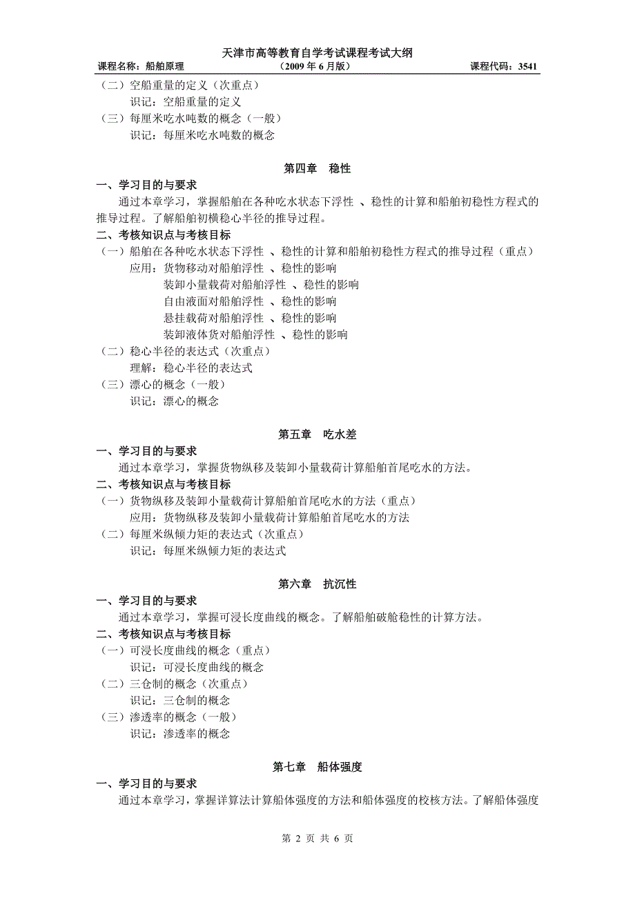 天津2012年自考“船舶原理”课程考试大纲_第2页